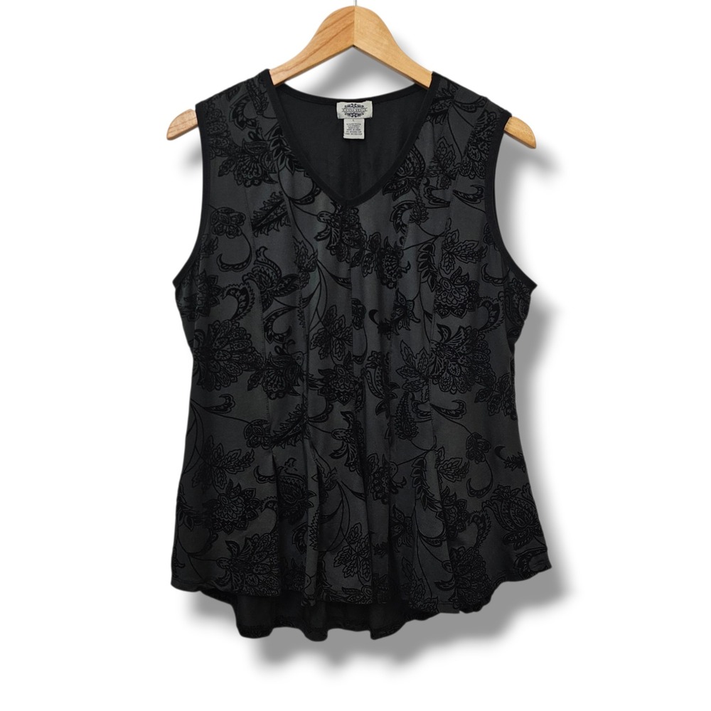 Vintage Y2K Black Top L Velvet Floral Sleeveless Peplum Whimsigoth Dark Fairy